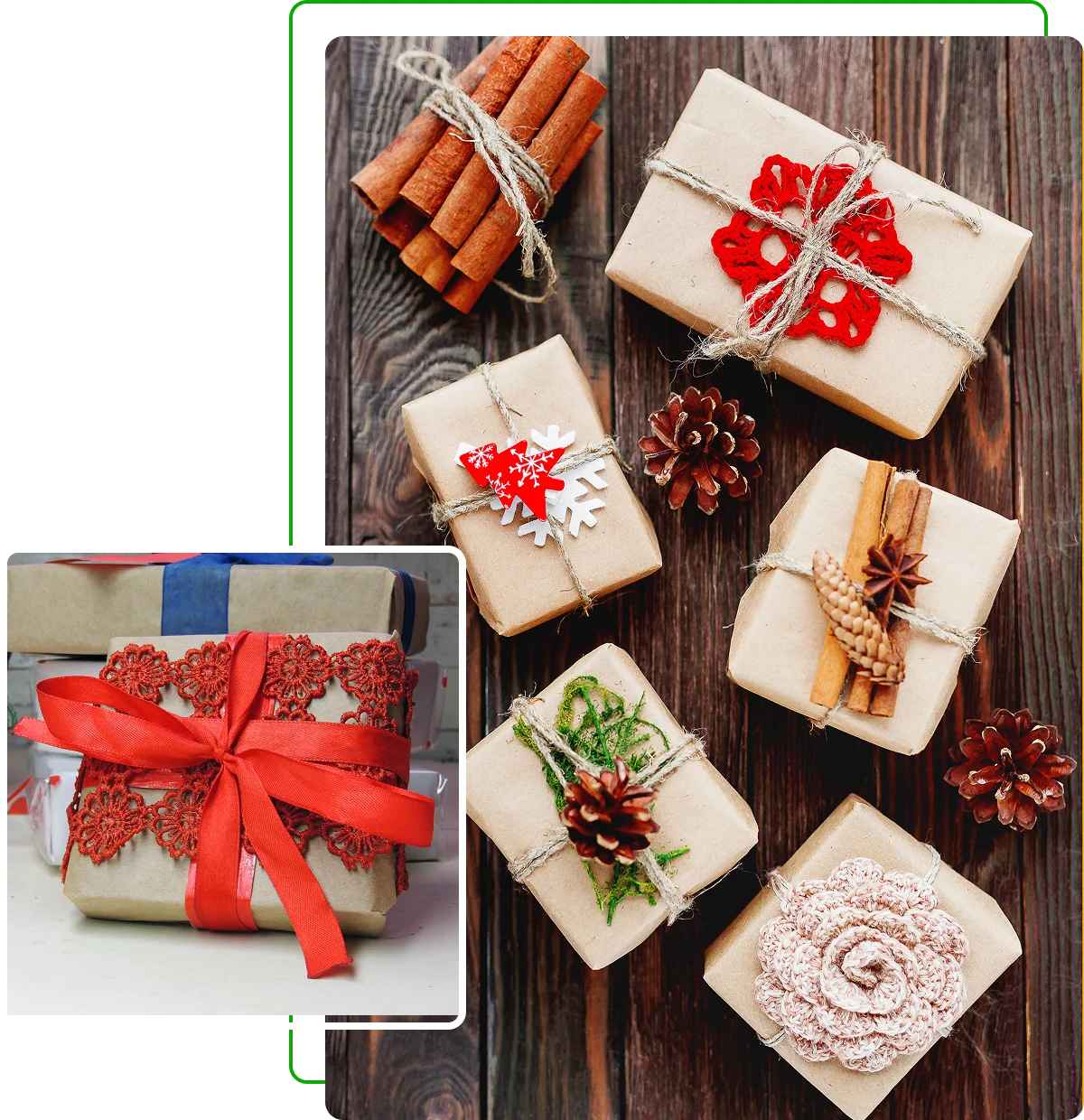 Kraft-wrapped holiday gifts with pine cones