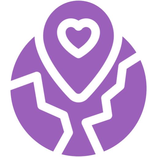 Purple heart location pin over cracked globe