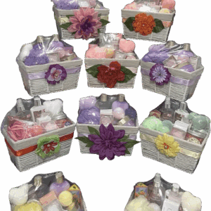 Colorful floral bath and spa gift baskets