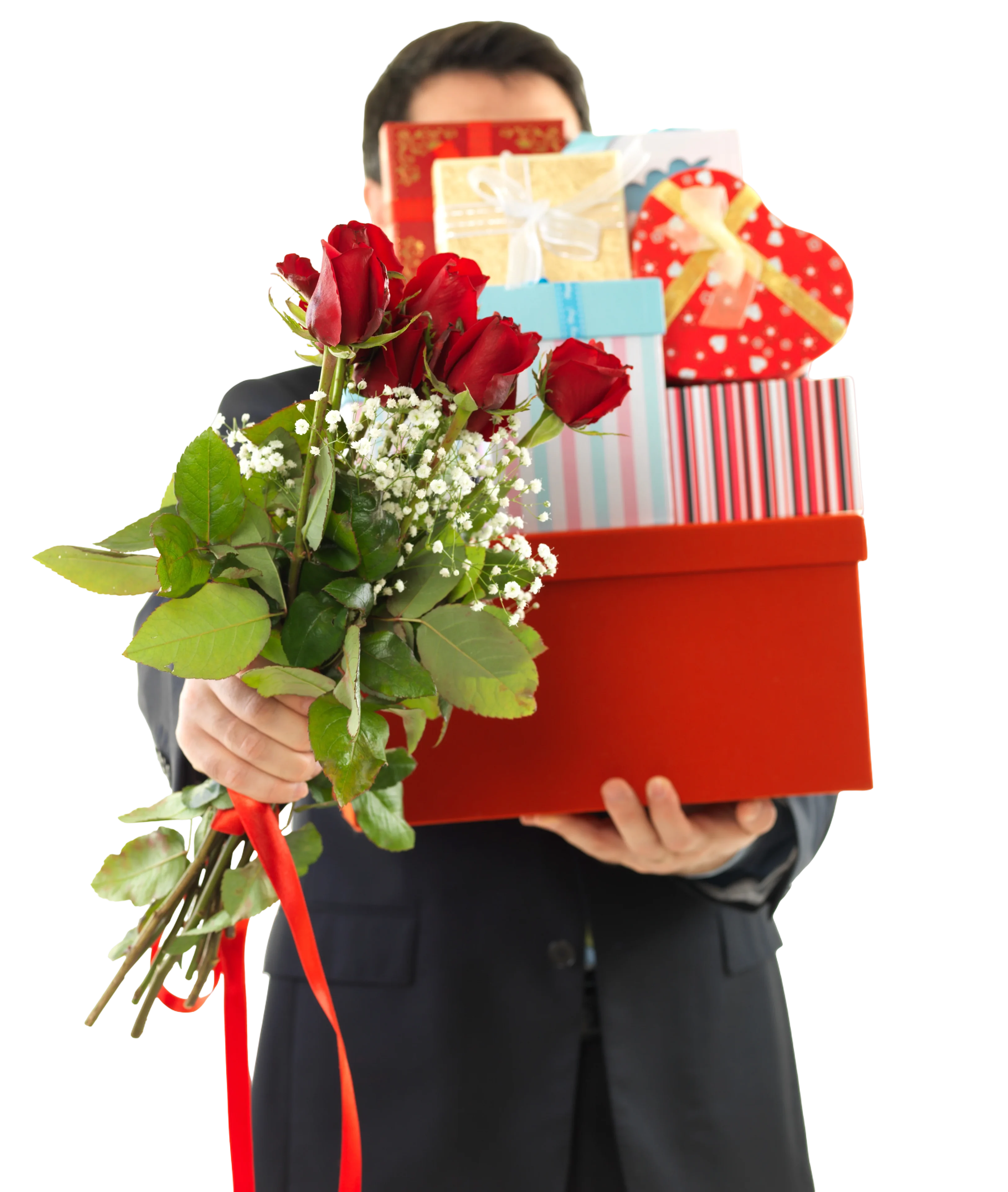 Person holding red roses and gift boxes