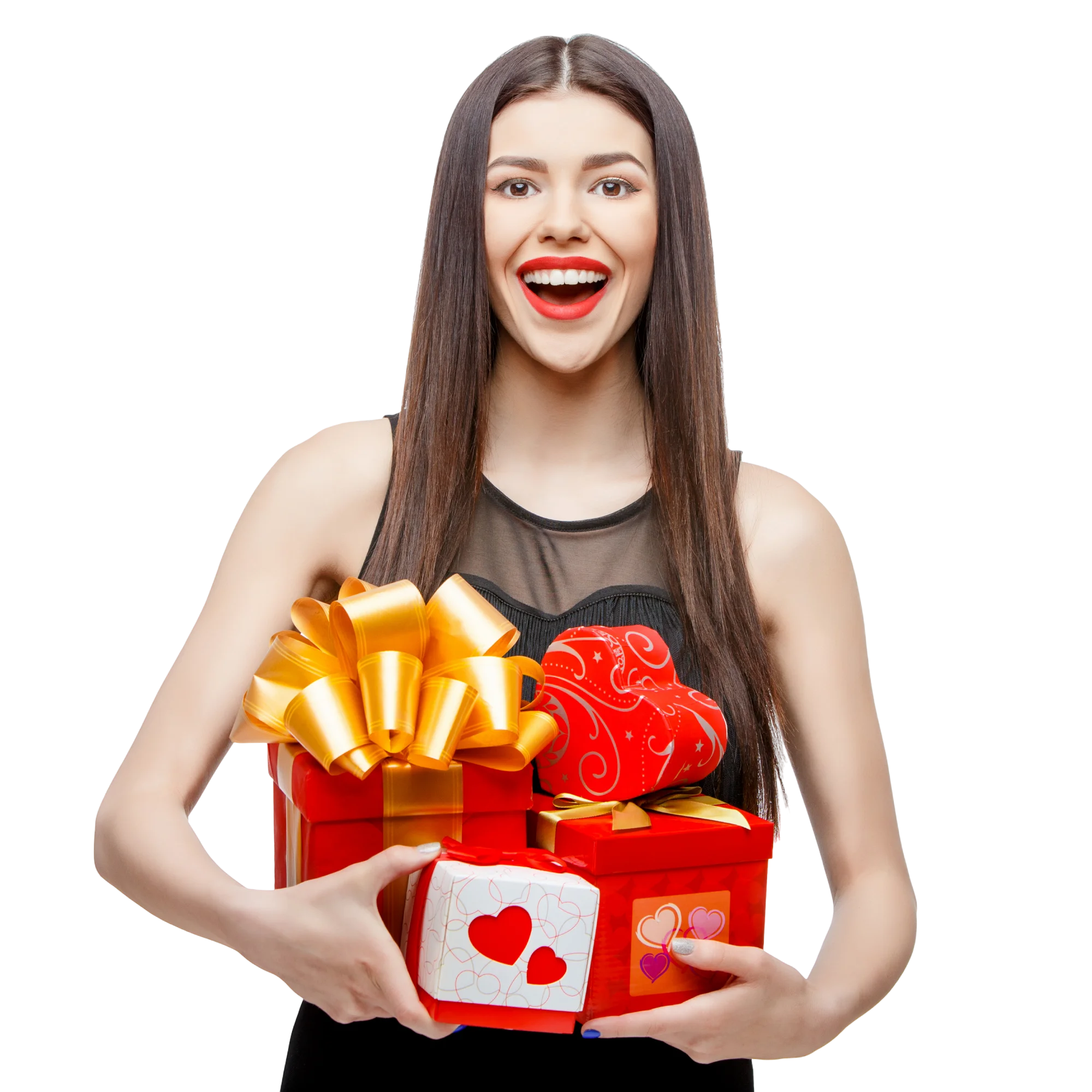Smiling woman holding Valentine's gift boxes