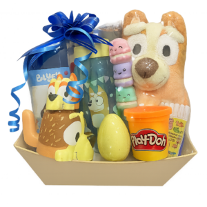 Kids gift basket with plush dog and toys