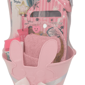 Pink bunny-themed children's gift basket