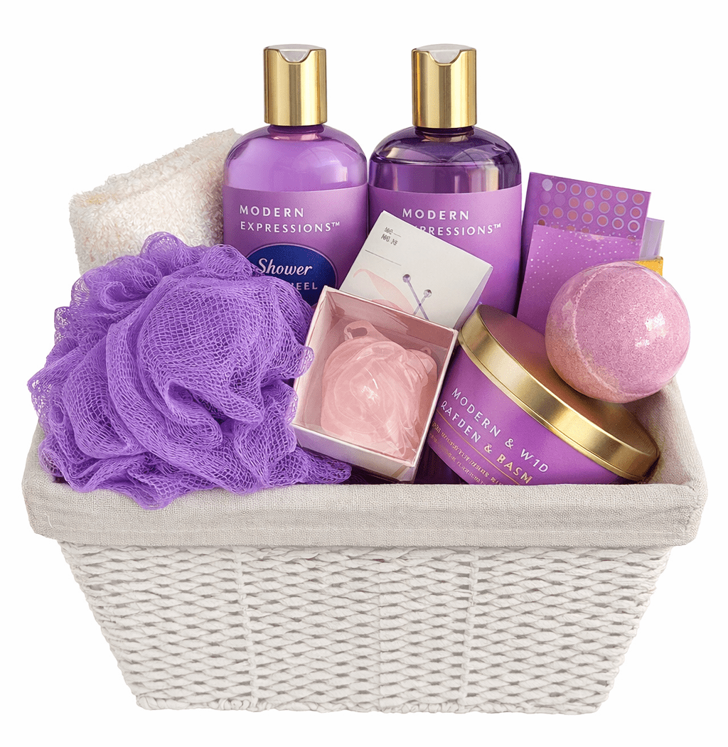 Purple bath gift basket with spa products