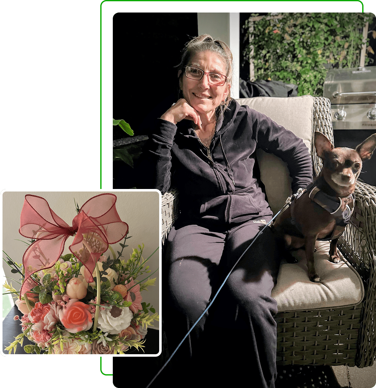 Woman on wicker chair with dog, floral inset