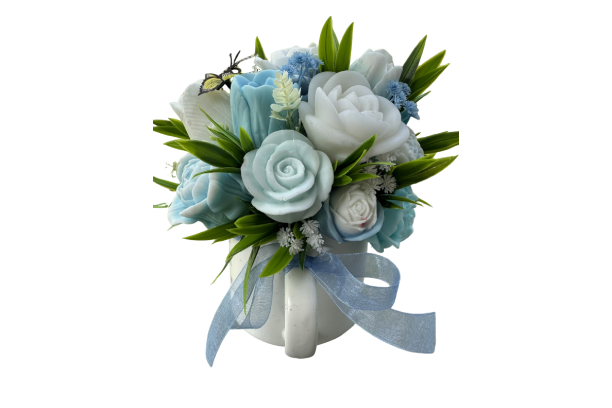 Blue and white flower bouquet in mug
