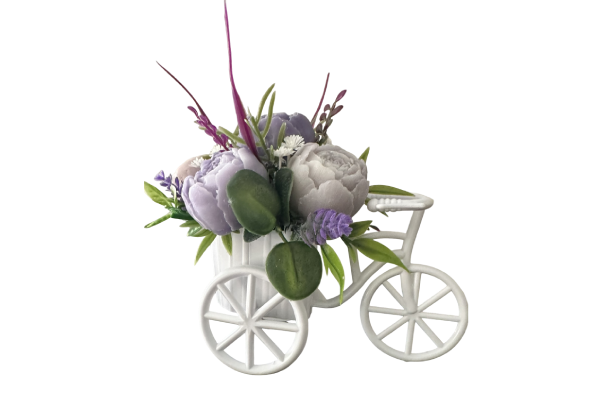 White tricycle floral arrangement with purple peonies
