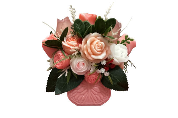 Pink and white rose bouquet in pink vase