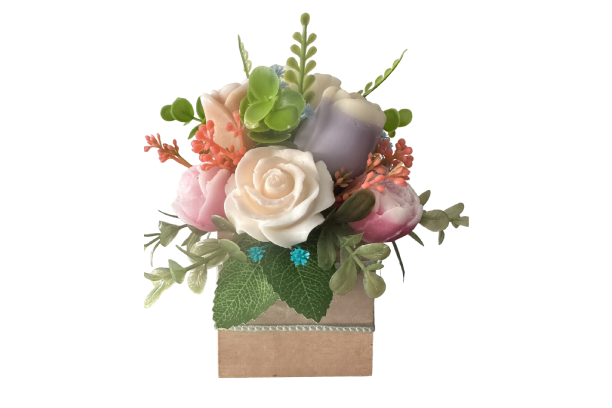 Boxed floral arrangement with roses and succulents