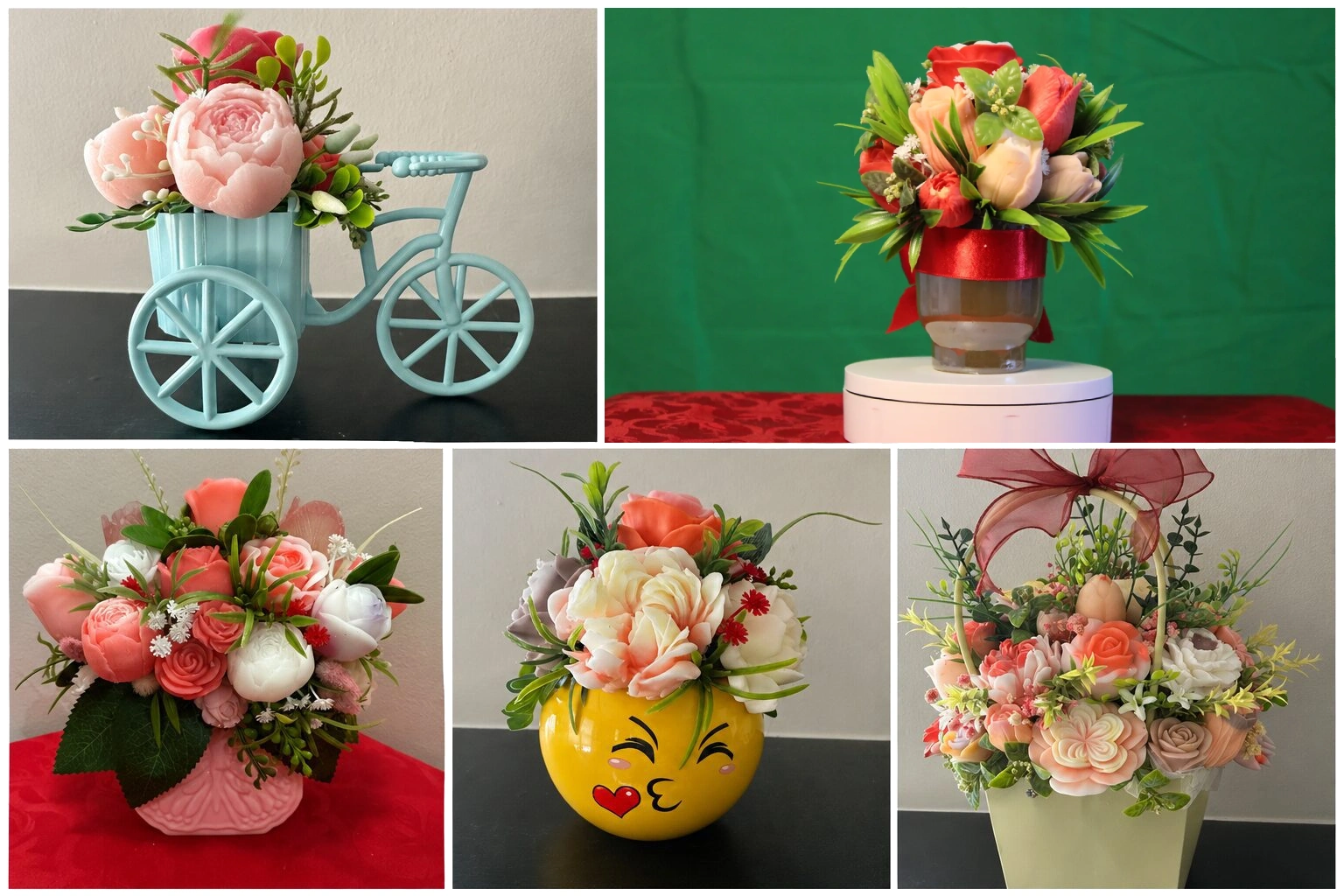 Five pastel bouquets in decorative containers